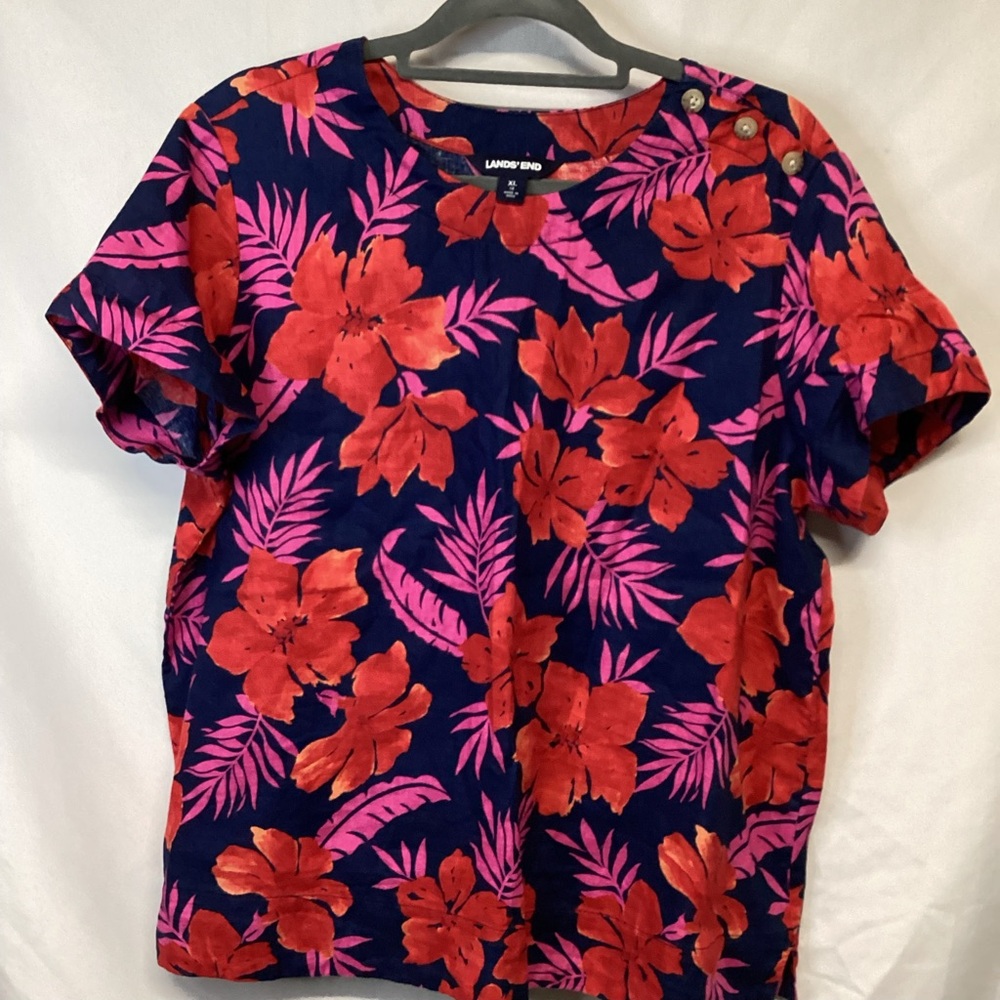 Lands End Floral Linen Pull Over Top Button Accents XL